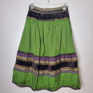 Ailleurs Indian Midi Skirt Green Small Velvet‎ Embroidered Damask Jacquard Boho